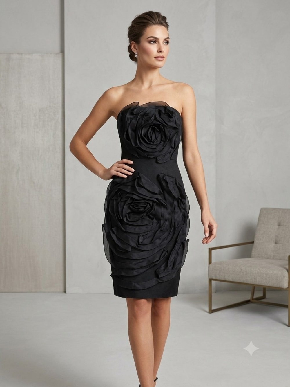 St. John Black Strapless Rose-Applique Cocktail Dress